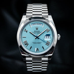 Rolex Day-Date 40 228206 Ice Blue Roman Dial Platinum Smooth Bezel