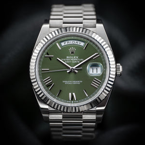 Rolex Day-Date 40mm White Gold Olive Roman Dial