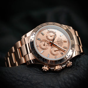 Rolex Daytona 18kt Everose Sundust Gold Diamond Baguette