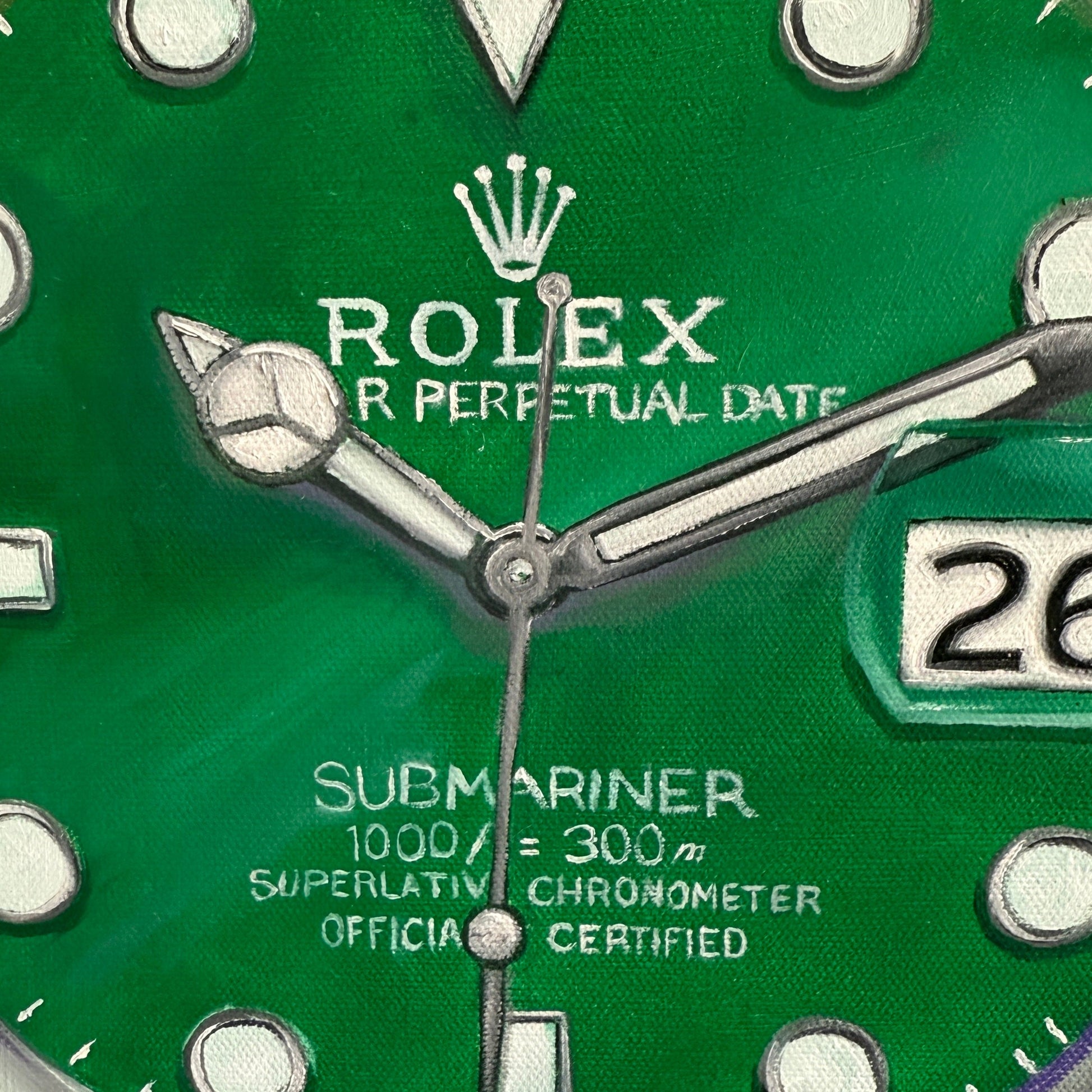 Close-up of a green Rolex watch face with 'Oyster Perpetual Date' and 'Submariner' text.
