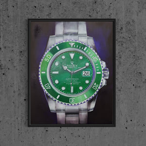 Green and silver rolex hulk watch painting with a dark purple background